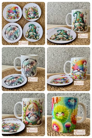 Bunte Tassen und Teller mit verspielten, fantasievollen Motiven in zwei Gruppen.